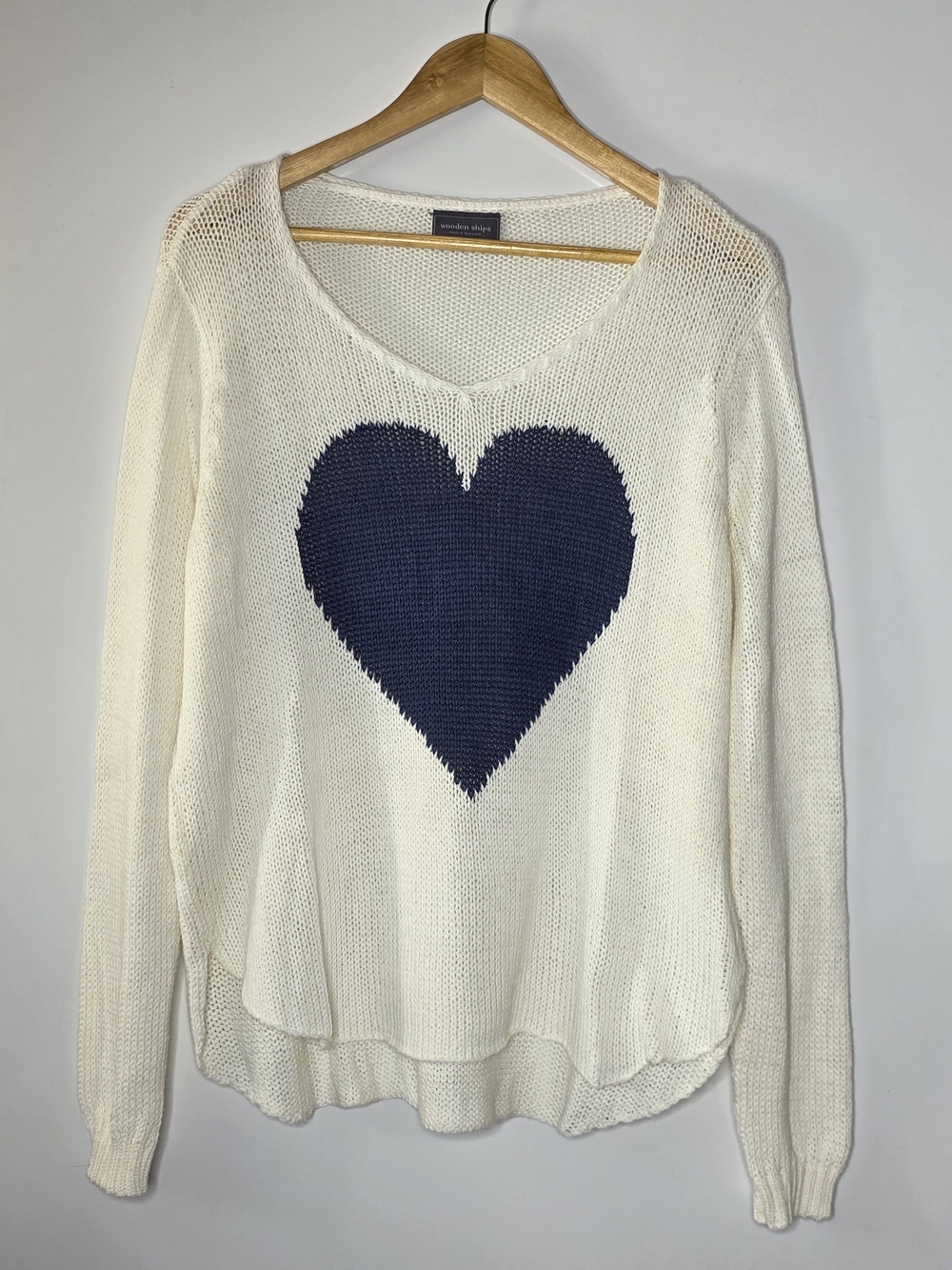 Wooden Ships White open Knit sweater heart front romantic casual Size M/L